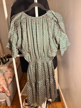 Smocked-Waist Geometric Midi Dress in Teal